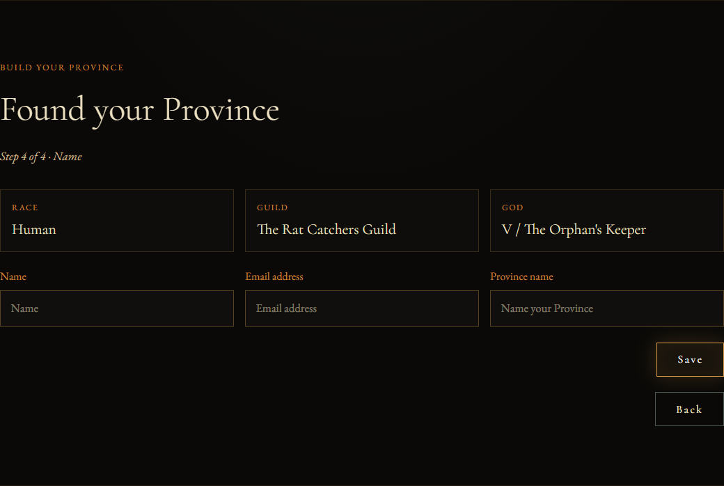 Province builder Step 4 with Name, Email address, Province name, and Save