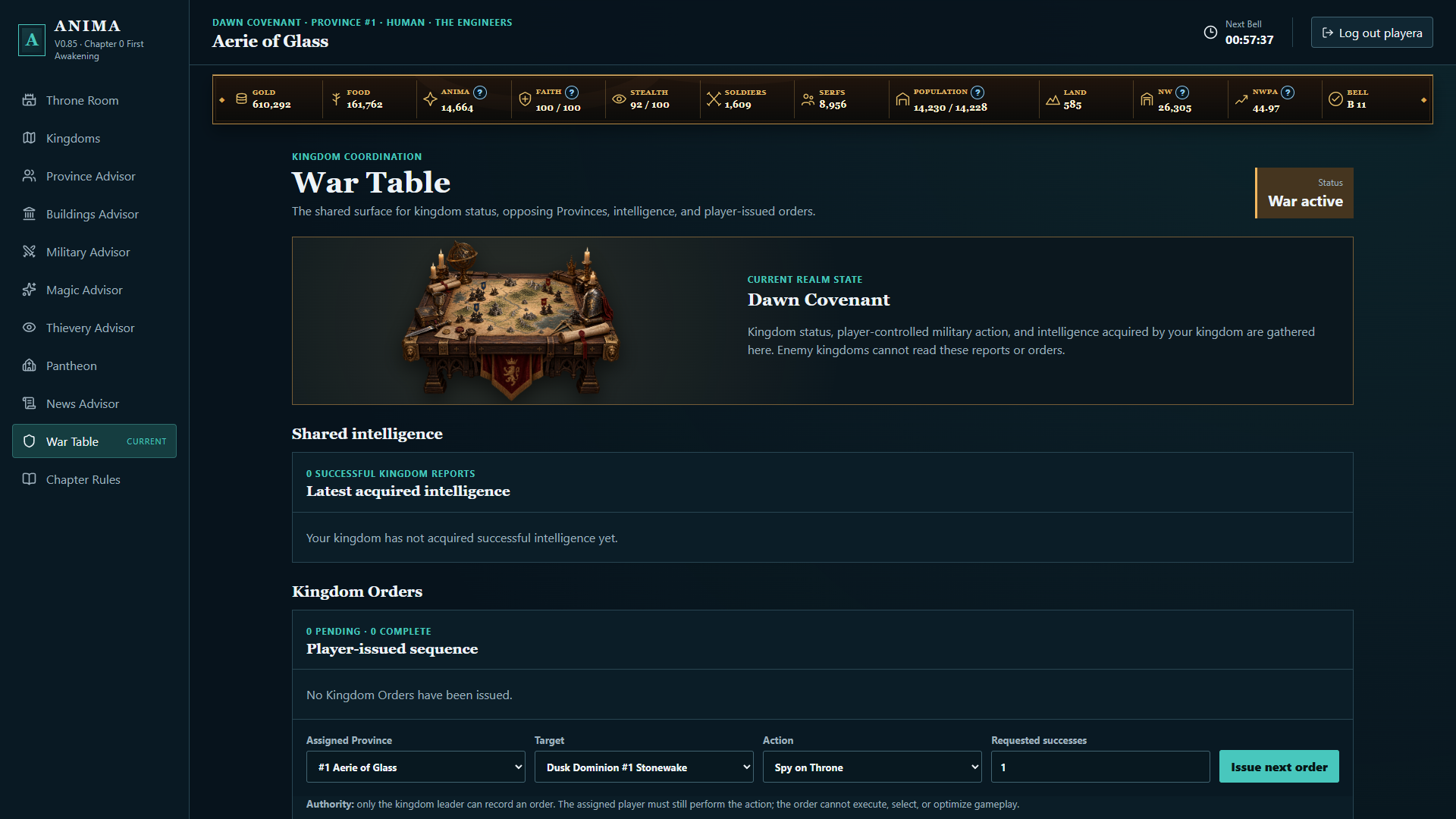 Actual live War Table showing War active for the player's Kingdom